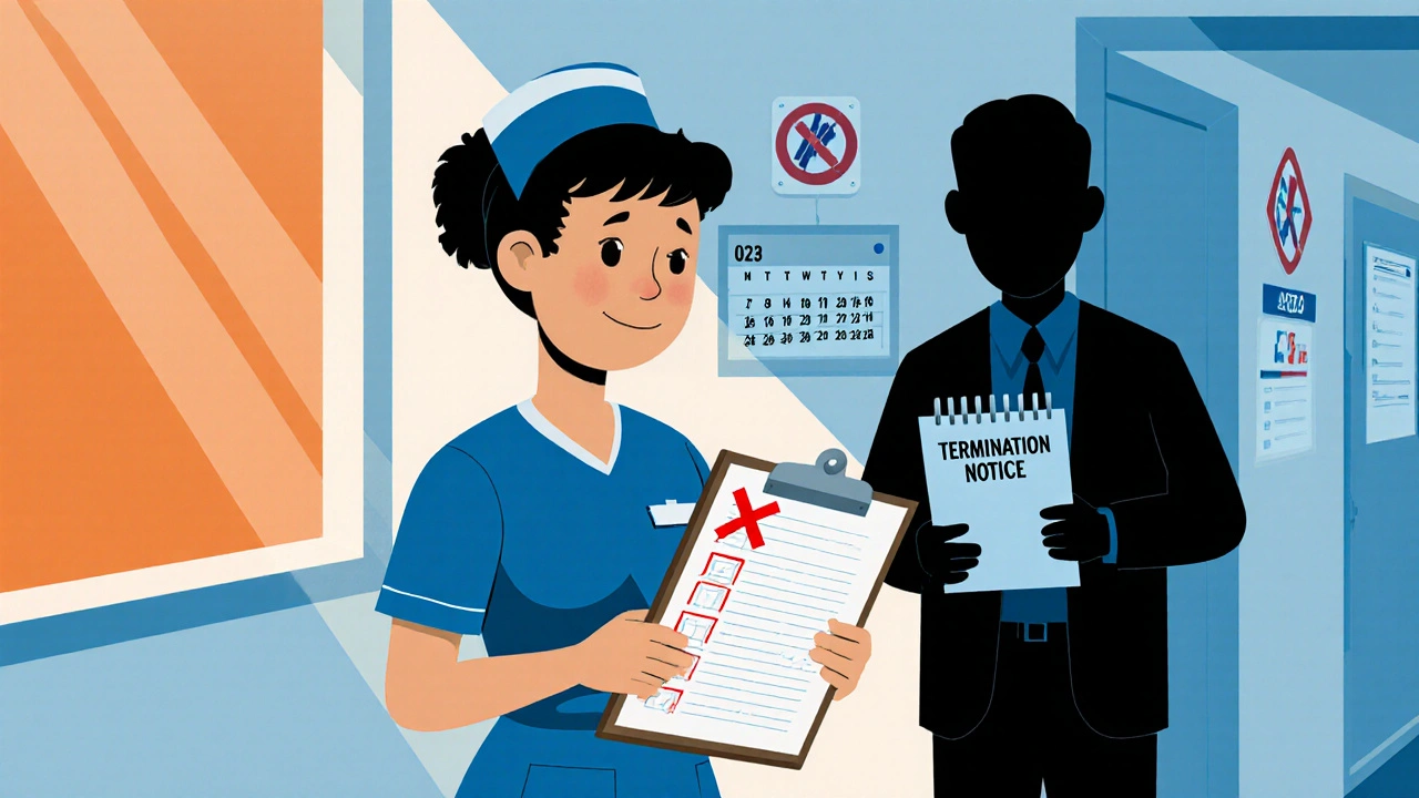 A nurse standing in a hospital hallway while a shadowy figure holds a termination notice.