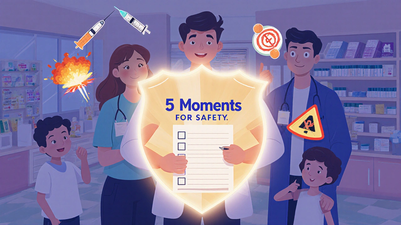 A patient holding a medication list protected by a safety shield, supported by doctor and pharmacist.