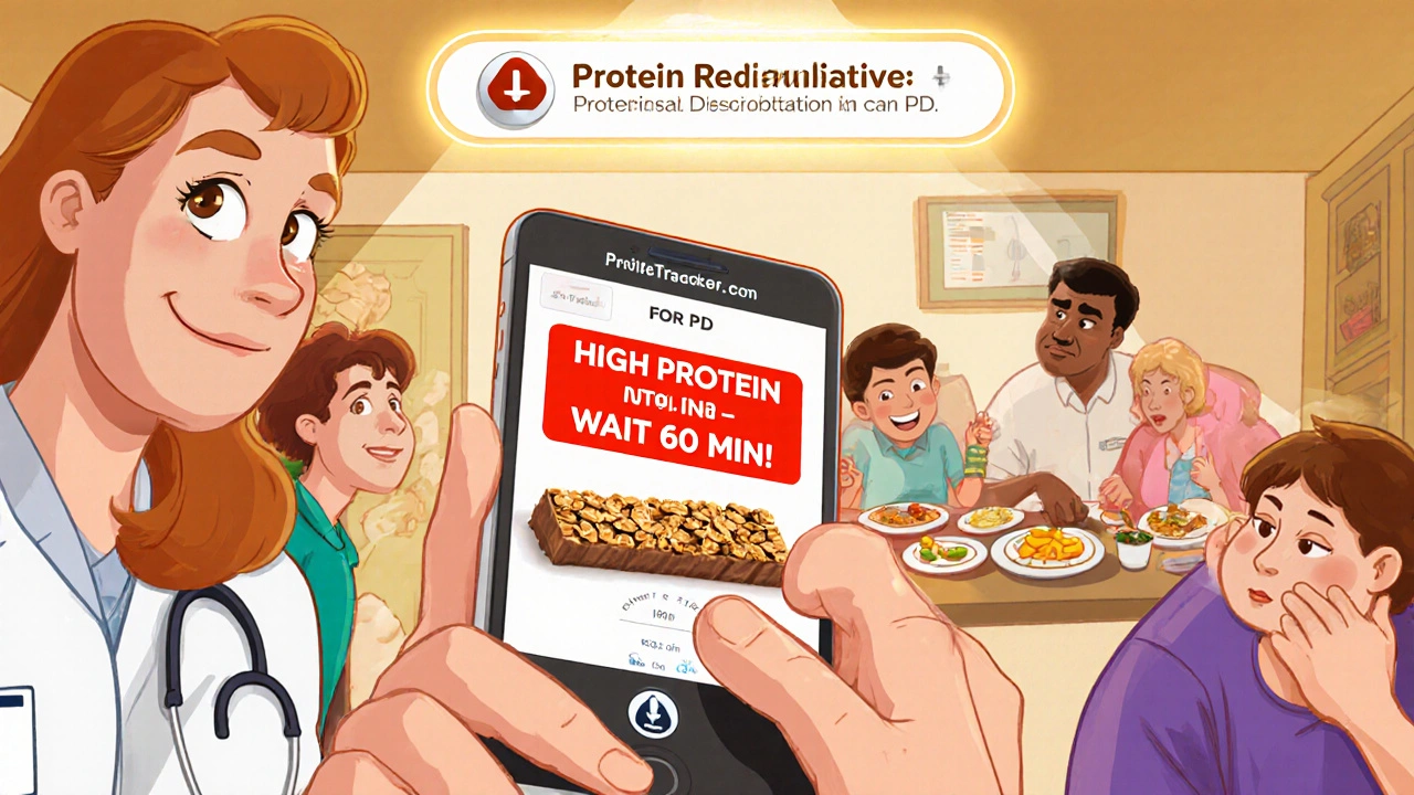 A patient scanning food with a protein-tracking app that warns of high-protein snacks interfering with medication.
