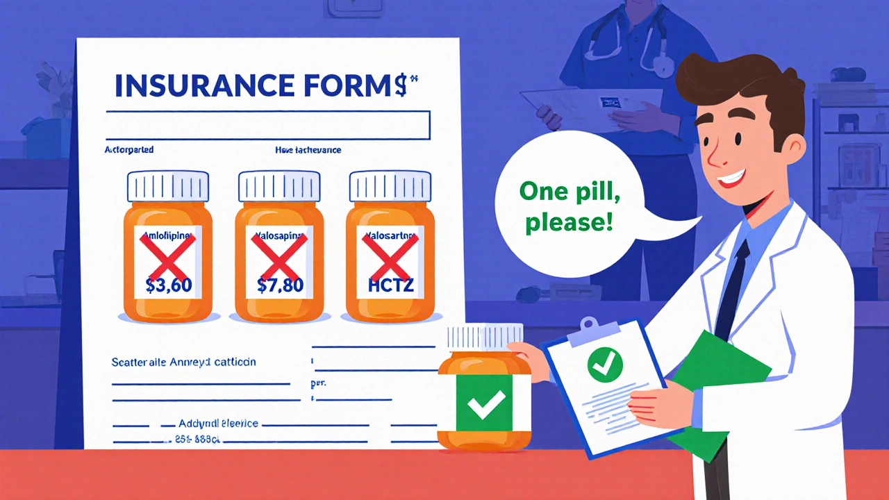 A pharmacist gives a patient a single combo pill bottle as insurance blocks three separate pills at the pharmacy counter.
