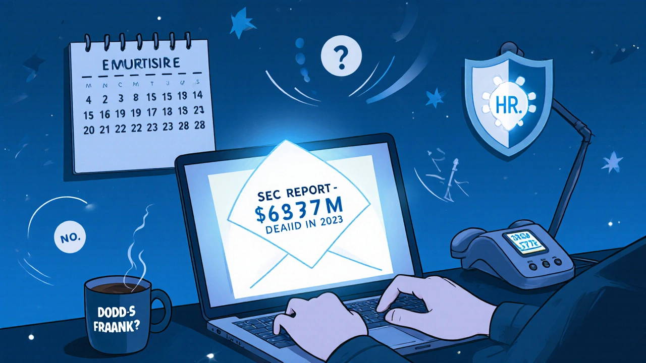 A remote worker at night with a glowing email about whistleblower rewards and a legal hotline phone.