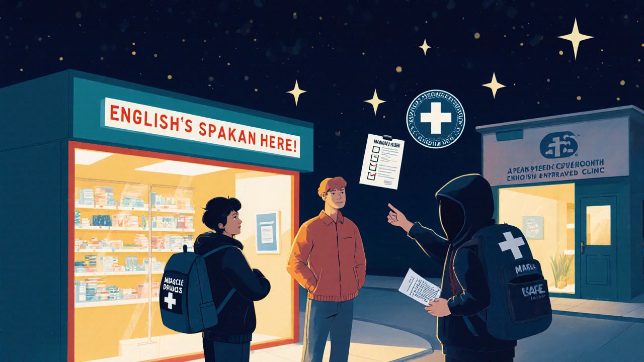 A traveler rejects shady pills from a hooded figure and chooses a trusted clinic with official approval signs.