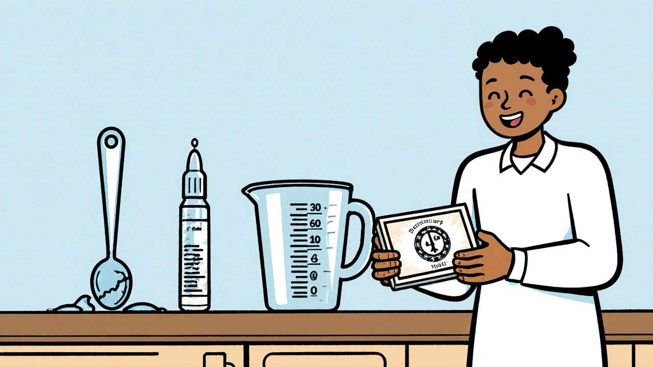 Comparison of unsafe kitchen spoon and safe medical measuring cup with pharmacist.