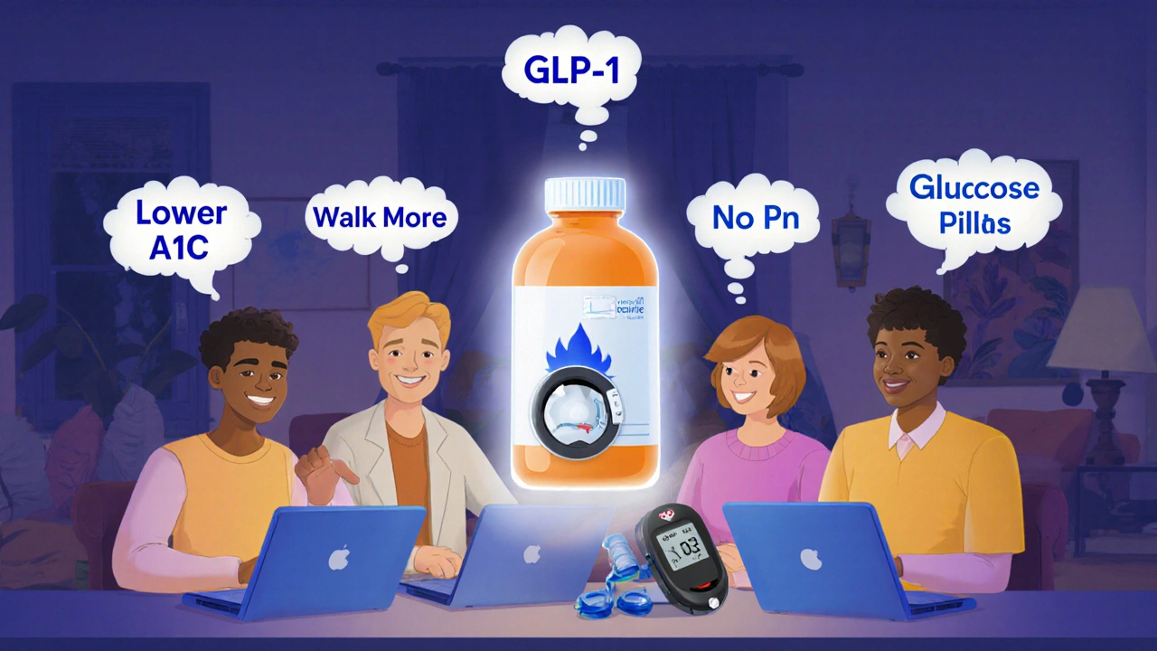 Diverse group in virtual coaching session with health goals glowing above their heads.