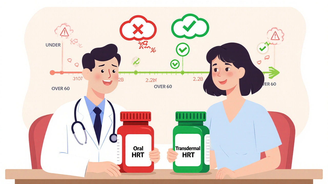 Doctor and patient comparing oral vs. transdermal HRT with safety timeline graphic.