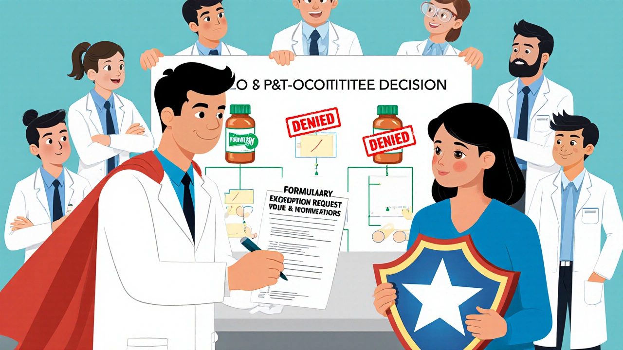 Doctor and patient submitting a formulary exception request, with a committee debating drug coverage.