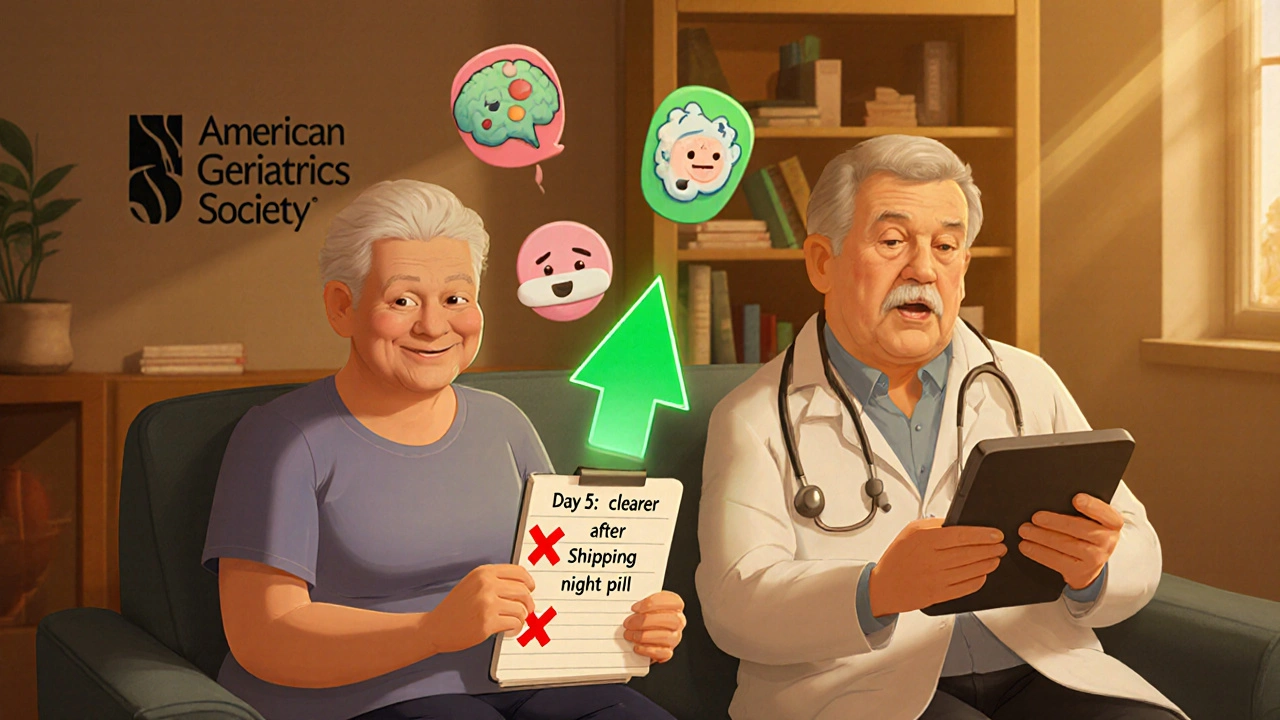 Doctor and senior reviewing medications, with symptoms fading and clarity returning.