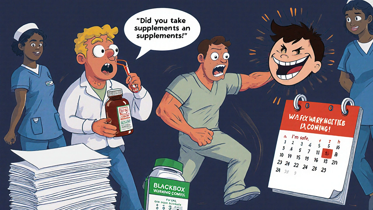 Emergency room scene with patient experiencing serotonin syndrome after taking Rhodiola with antidepressant.