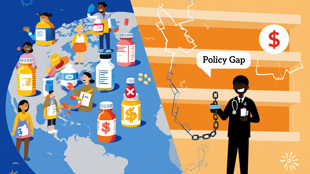 Globe split: U.S. has full pill shelves; developing region has empty shelves and one doctor.