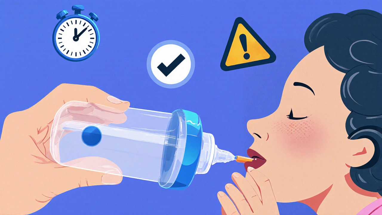 Grandmother using a dropper with a color-indicator ring to administer medicine to a baby.