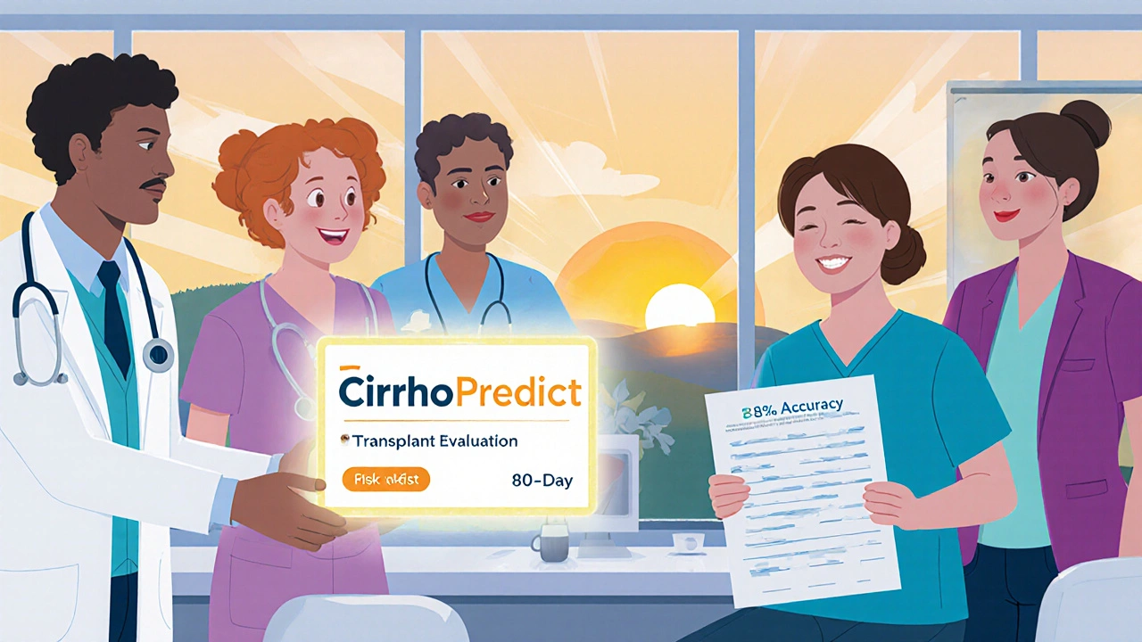 Liver care team reviewing AI risk prediction with patient in clinic