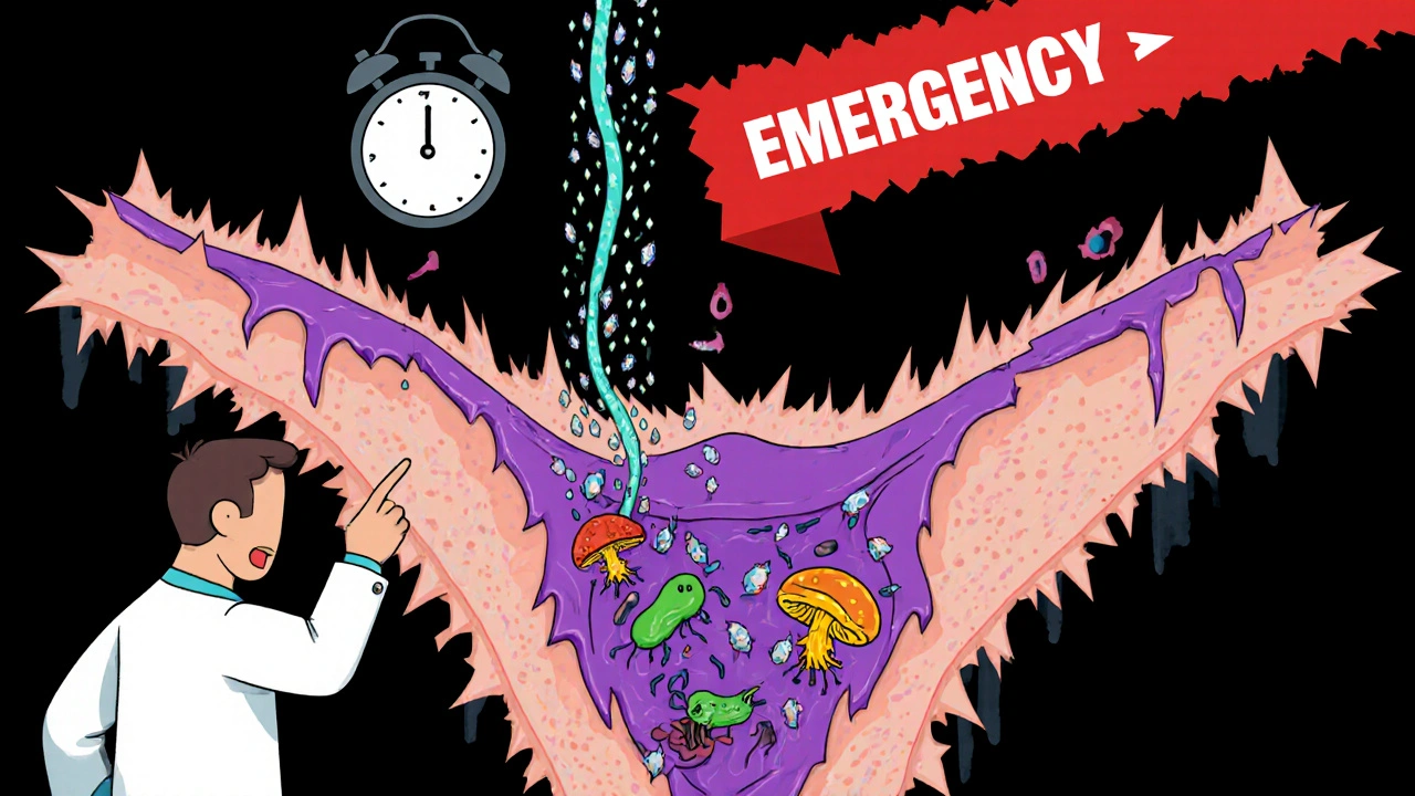 Magnified view of bacteria feeding on sugar in genital area with darkening skin