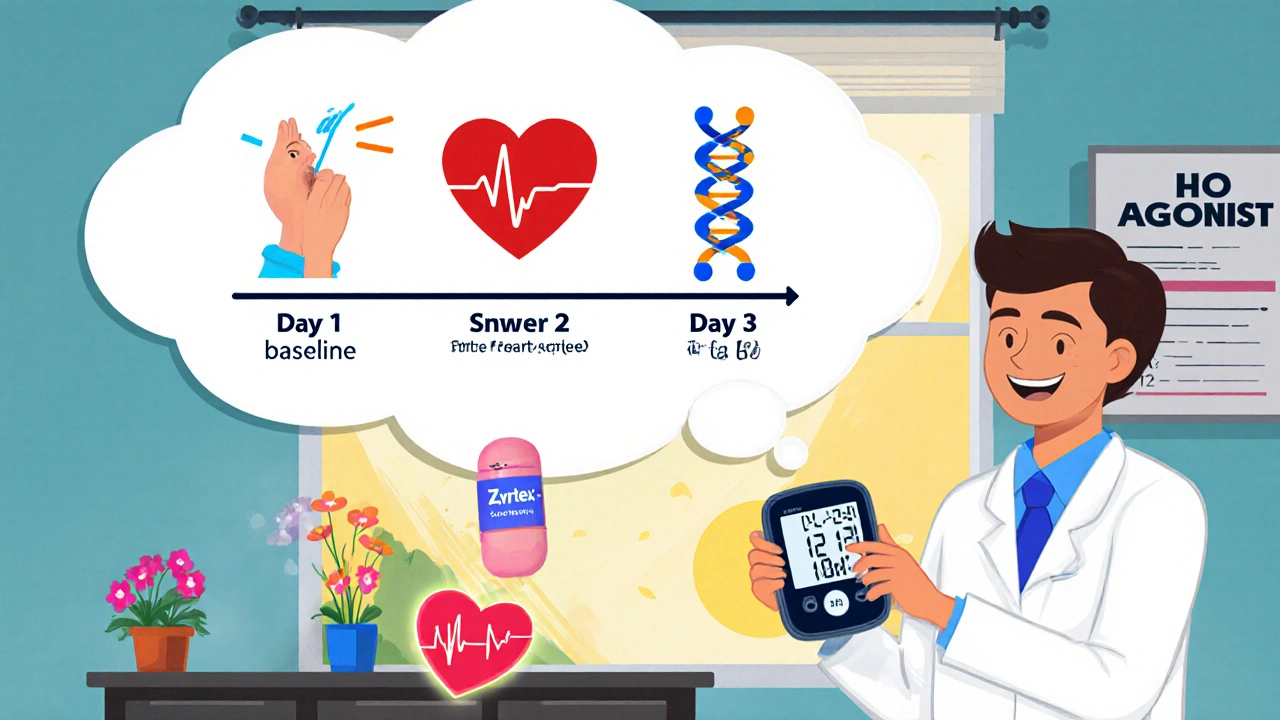 Patient checking blood pressure at home with timeline and genetic icons, doctor holding a future heart-protective pill.