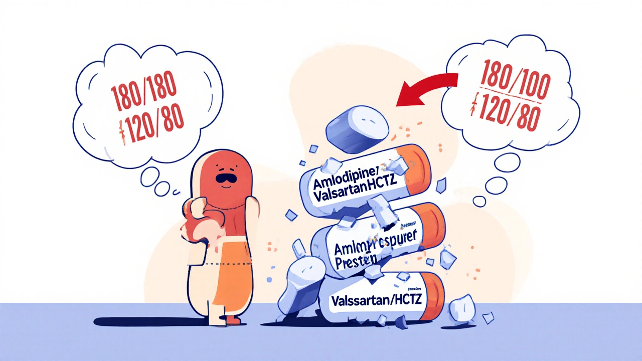 Patient holds single combo pill while a stack of three separate pills crumbles beside them.