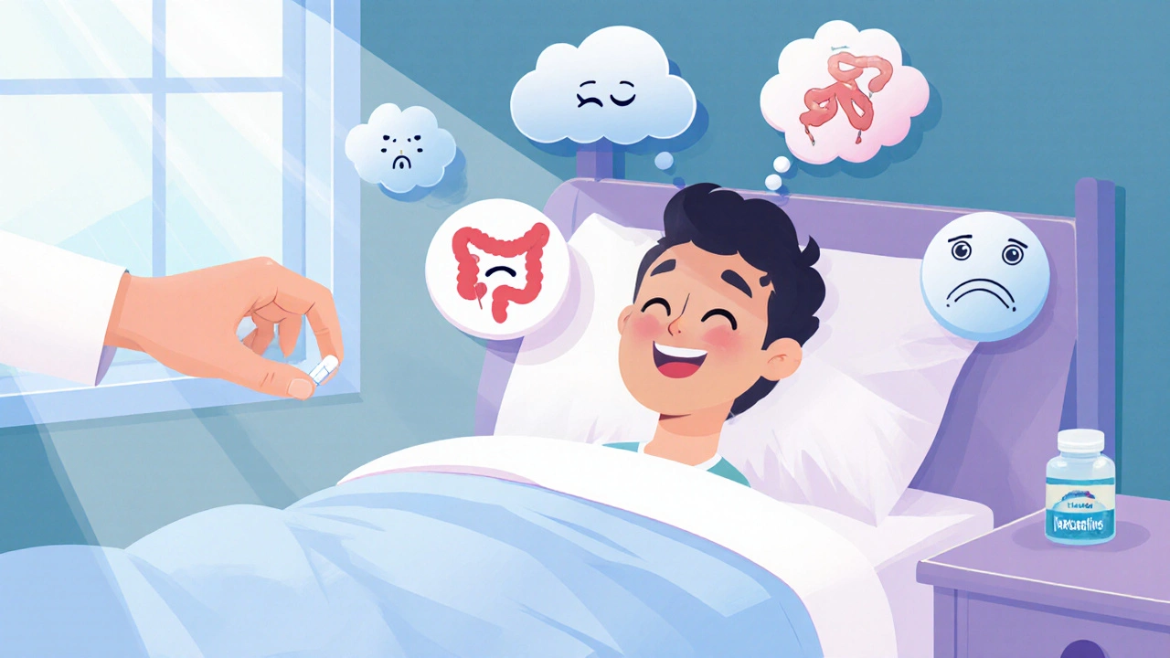 Patient smiling in bed as side effects fade, with a laxative pill nearby, morning light shining in.