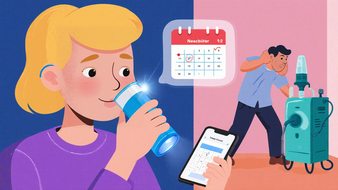 Patient using a smart inhaler with digital dosage tracker, contrasting with an old nebulizer.