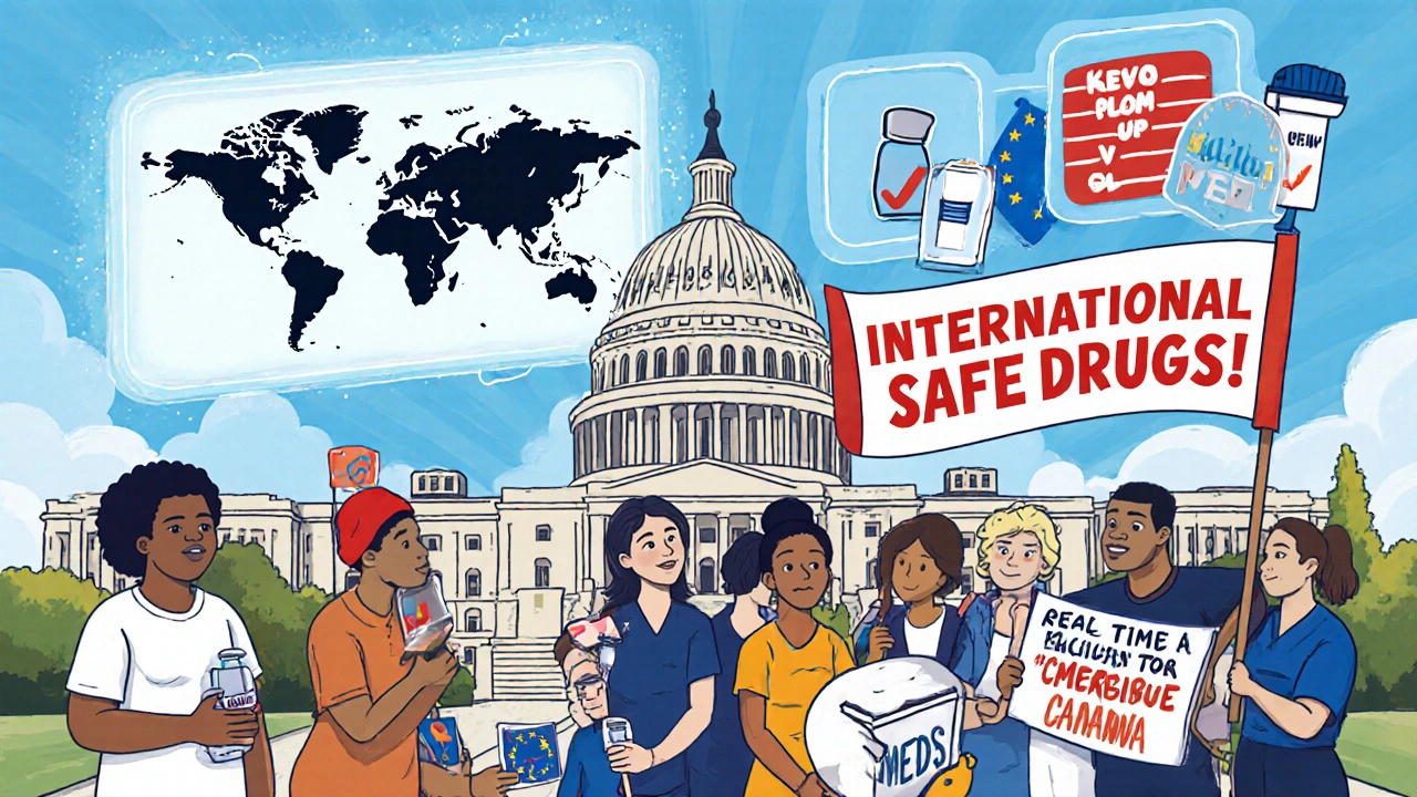 Patients outside a government building receiving emergency insulin kits as international drug sources are shown on a glowing screen.