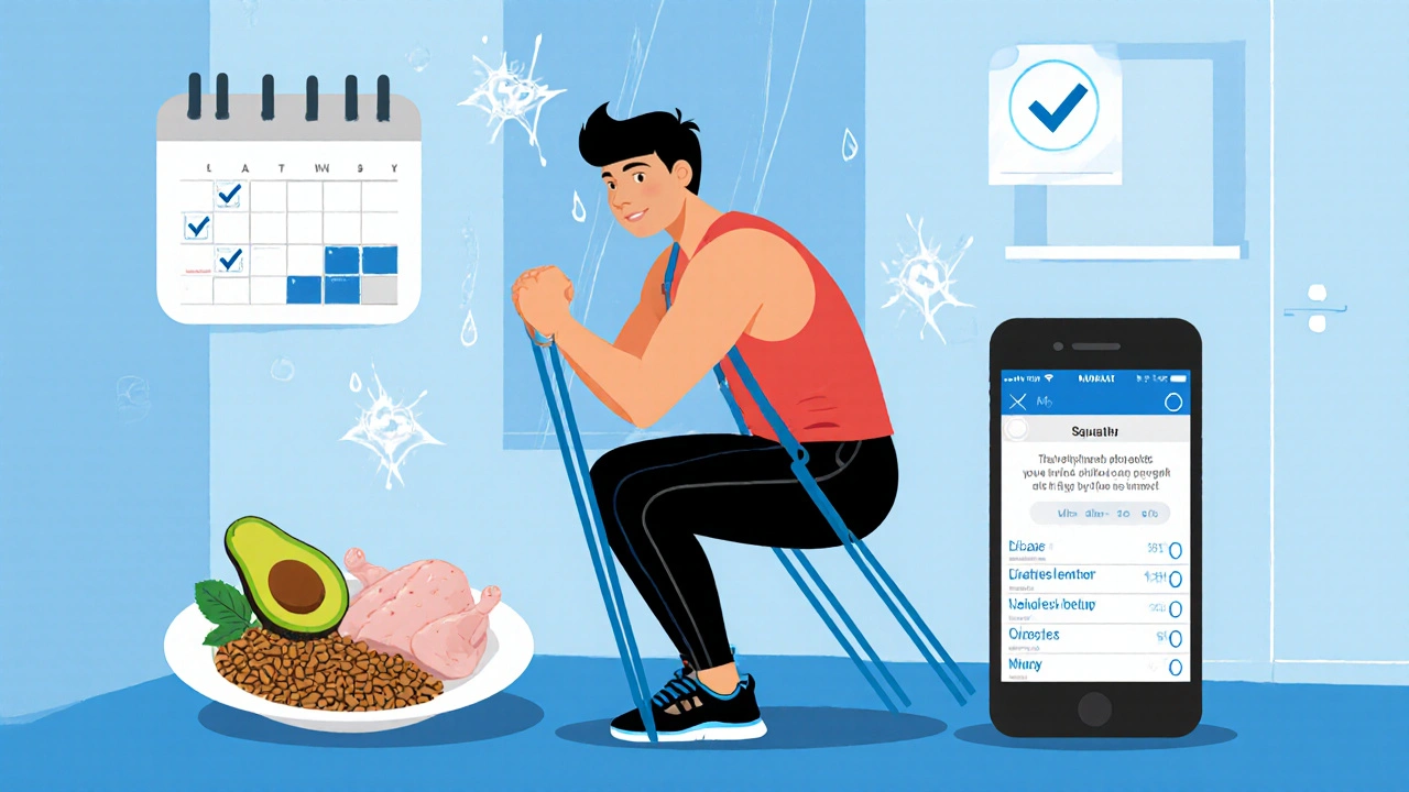 Person doing squats at home with resistance bands and balanced meal nearby.