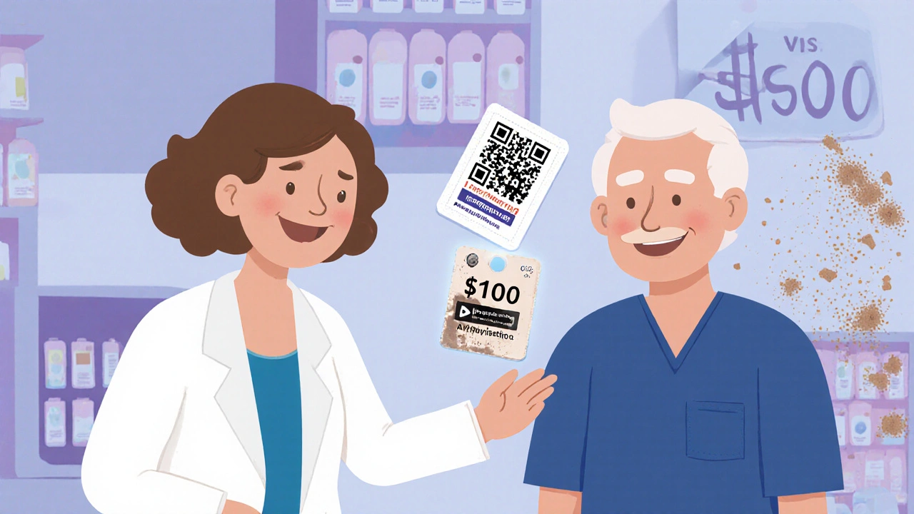 Pharmacist showing a patient how to use a smart patch with a glowing QR code instruction.