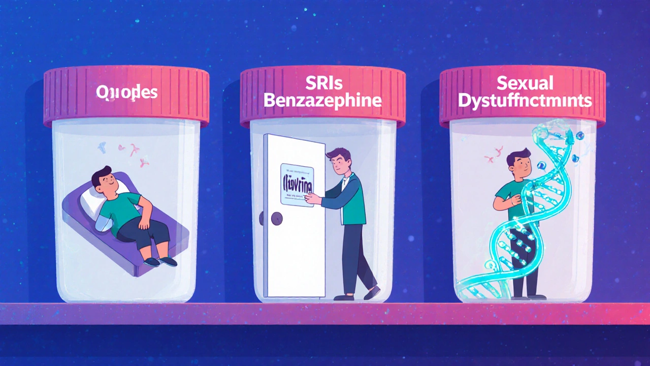 Pharmacy pills with cartoon characters inside, showing which side effects fade and which persist.