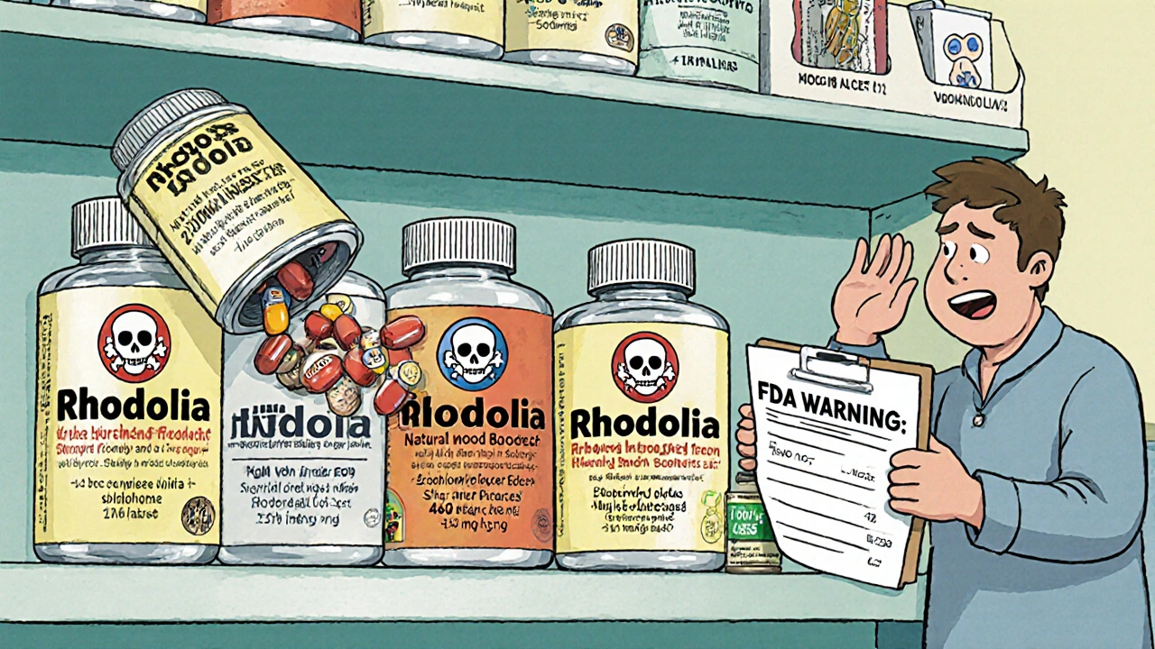 Pharmacy shelf with Rhodiola supplements hiding danger symbols and inconsistent dosages.
