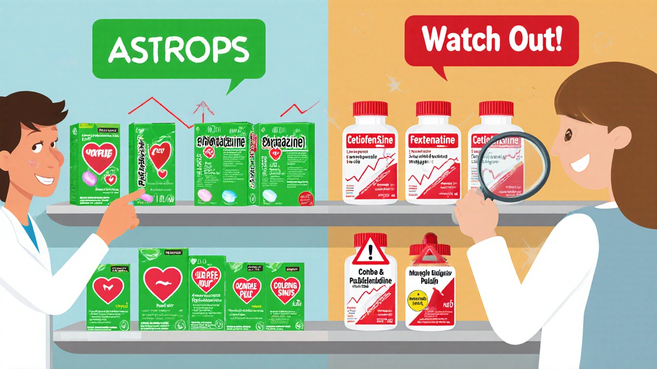 Pharmacy shelf with safe antihistamines marked green and dangerous combo pills marked red, pharmacist guiding a customer.