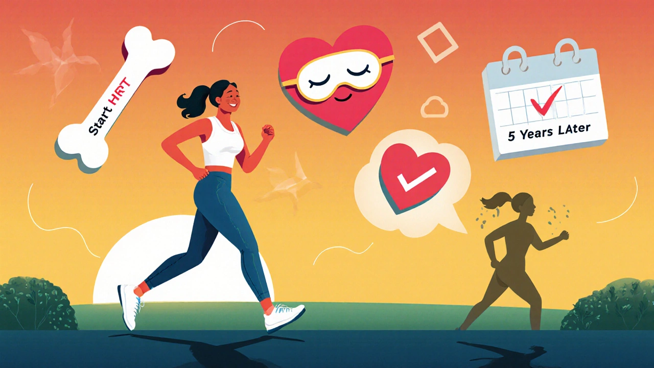 Woman jogging happily with health icons floating around her, showing improved well-being after HRT.