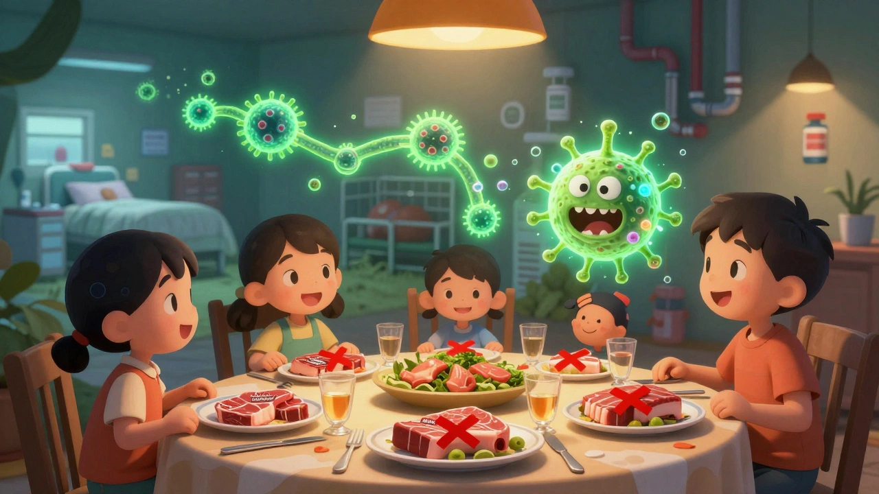 A family eats meat with antibiotic labels, while a microbial chain spreads from farm to gut, showing C. difficile as a monster.