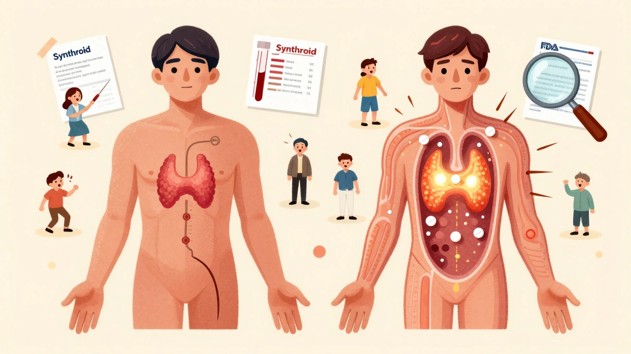 A human body with a thyroid gland showing stable vs. chaotic hormone levels due to brand vs. generic medication.