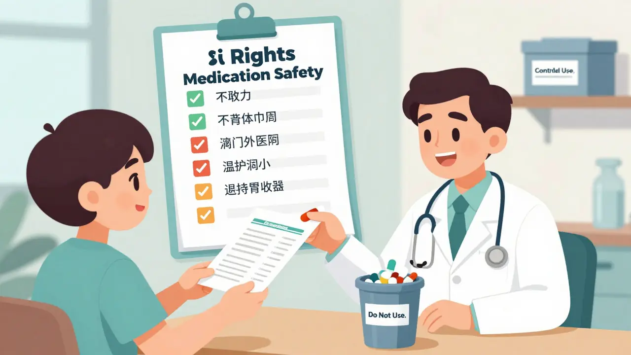 A patient handing a medication list to a doctor, with safety checklist icons in the background.