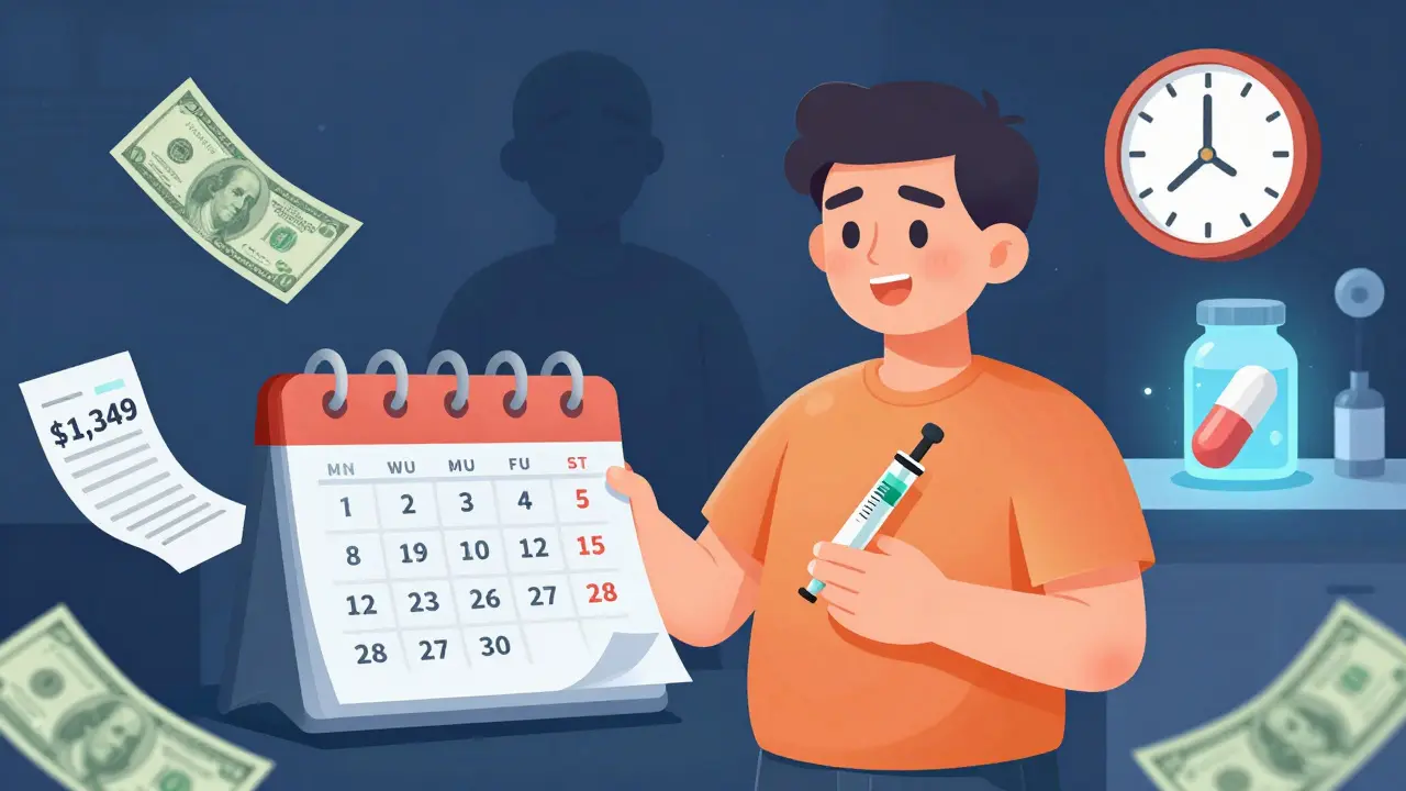 A person with weekly injections, money and a clock nearby, shadow of past self regaining weight.