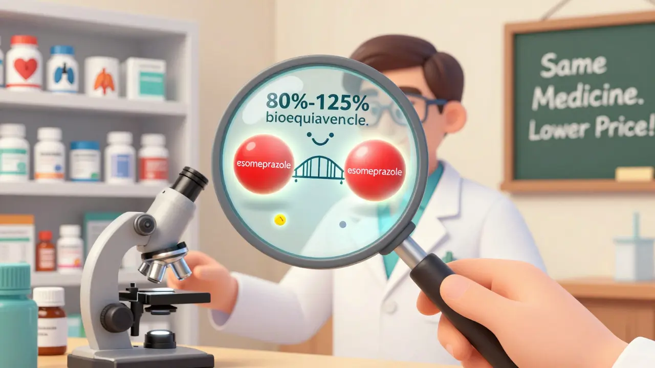 A pharmacist uses a magnifying glass to reveal identical active ingredients in brand and generic pills, with a bioequivalence graph floating nearby.