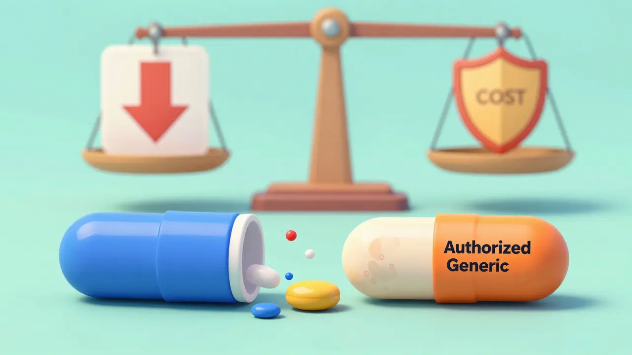 A pill shedding its brand logo to reveal the identical authorized generic underneath.