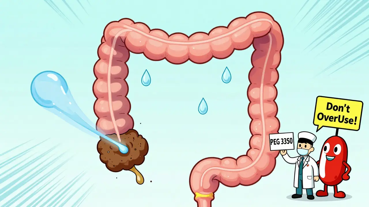Cartoon colon with slow-moving stool and PEG laxative pulling in water