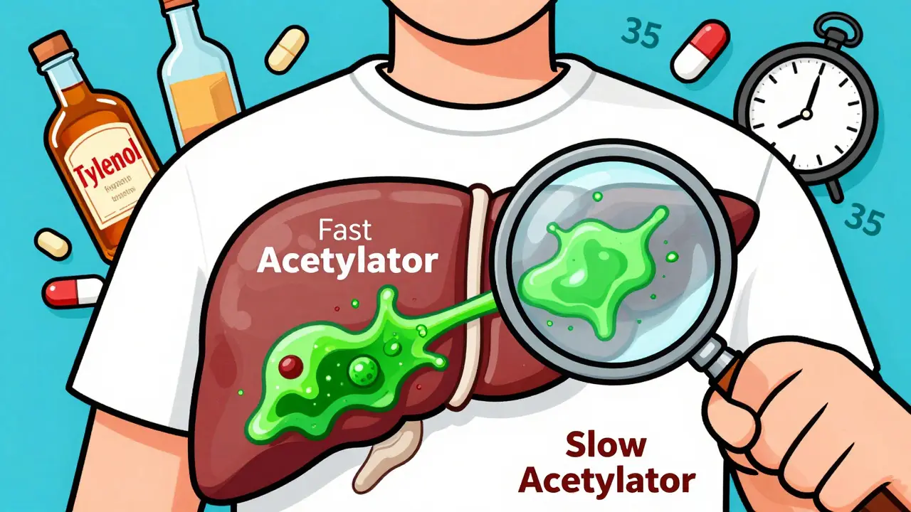 Cartoon liver with two metabolic pathways: fast vs slow acetylator, with alcohol and age risk factors.