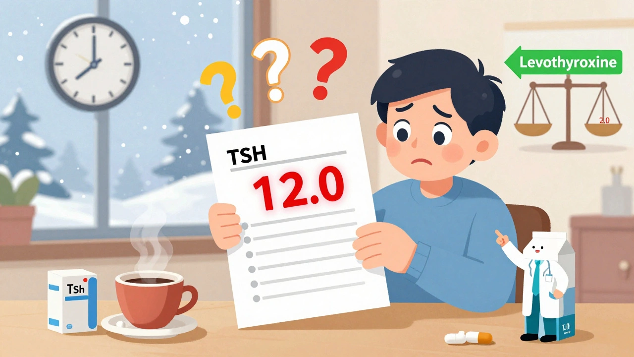 Cartoon of a person confused by high TSH levels, with seasonal and dietary triggers nearby.