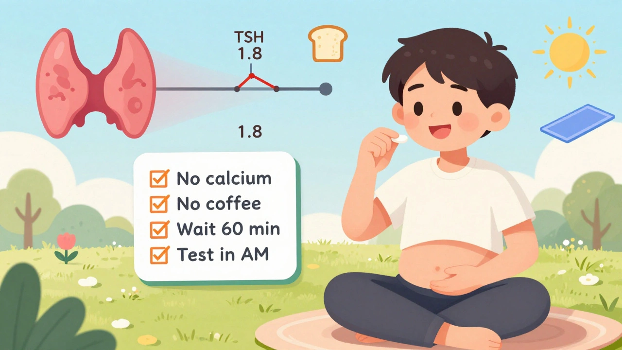 Cartoon of a person taking thyroid medication correctly with a checklist and stable TSH timeline.