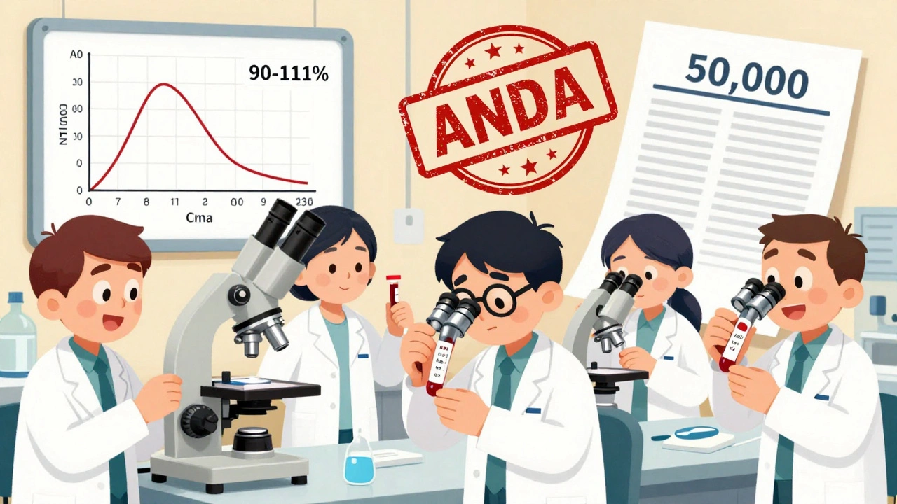 Cartoon scientists in a lab studying blood samples and bioequivalence charts under a giant FDA ANDA stamp.