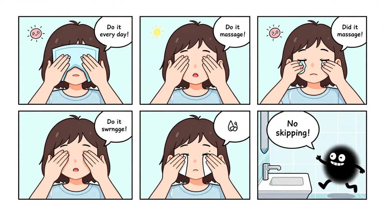 Daily MGD care routine shown in comic panels with smiling glands and fleeing dry eye monster.