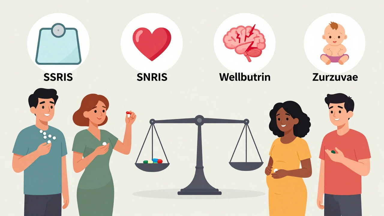 Diverse people holding different antidepressant pills with icons for side effects and benefits on a balanced scale.