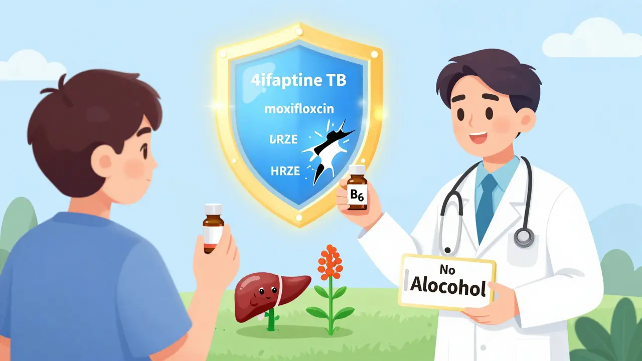 Doctor gives vitamin B6 and no alcohol sign, new TB treatment replaces old one with milk thistle.