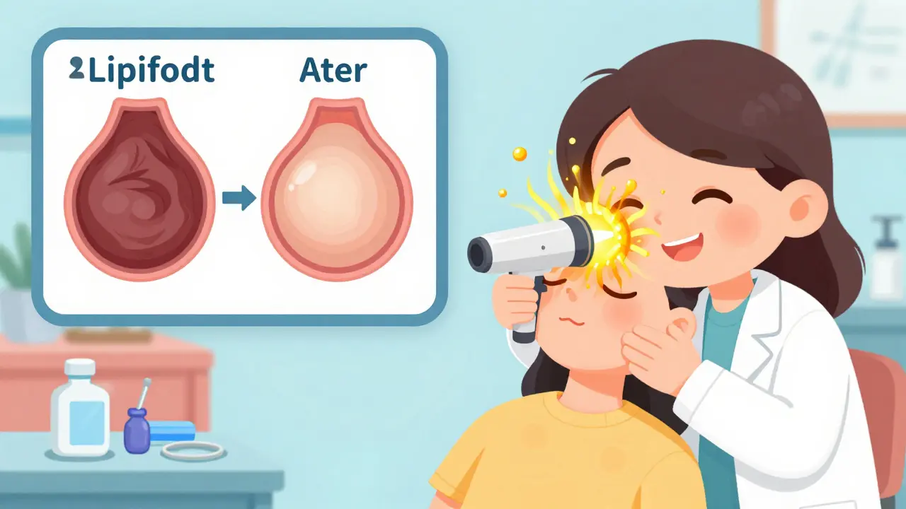 Doctor treating eye with LipiFlow device as oil droplets burst from healthy glands.