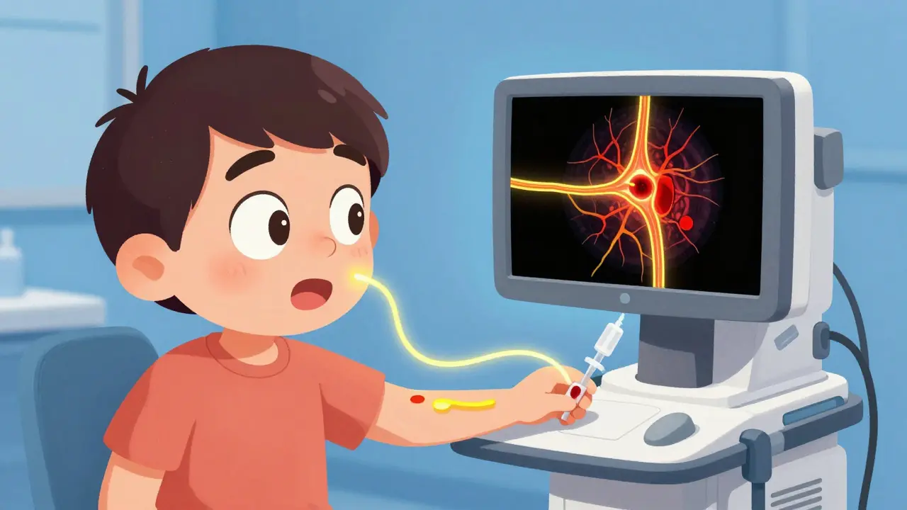 Fluorescein dye glowing in the eye while OCTA shows dye-free blood flow beside it.