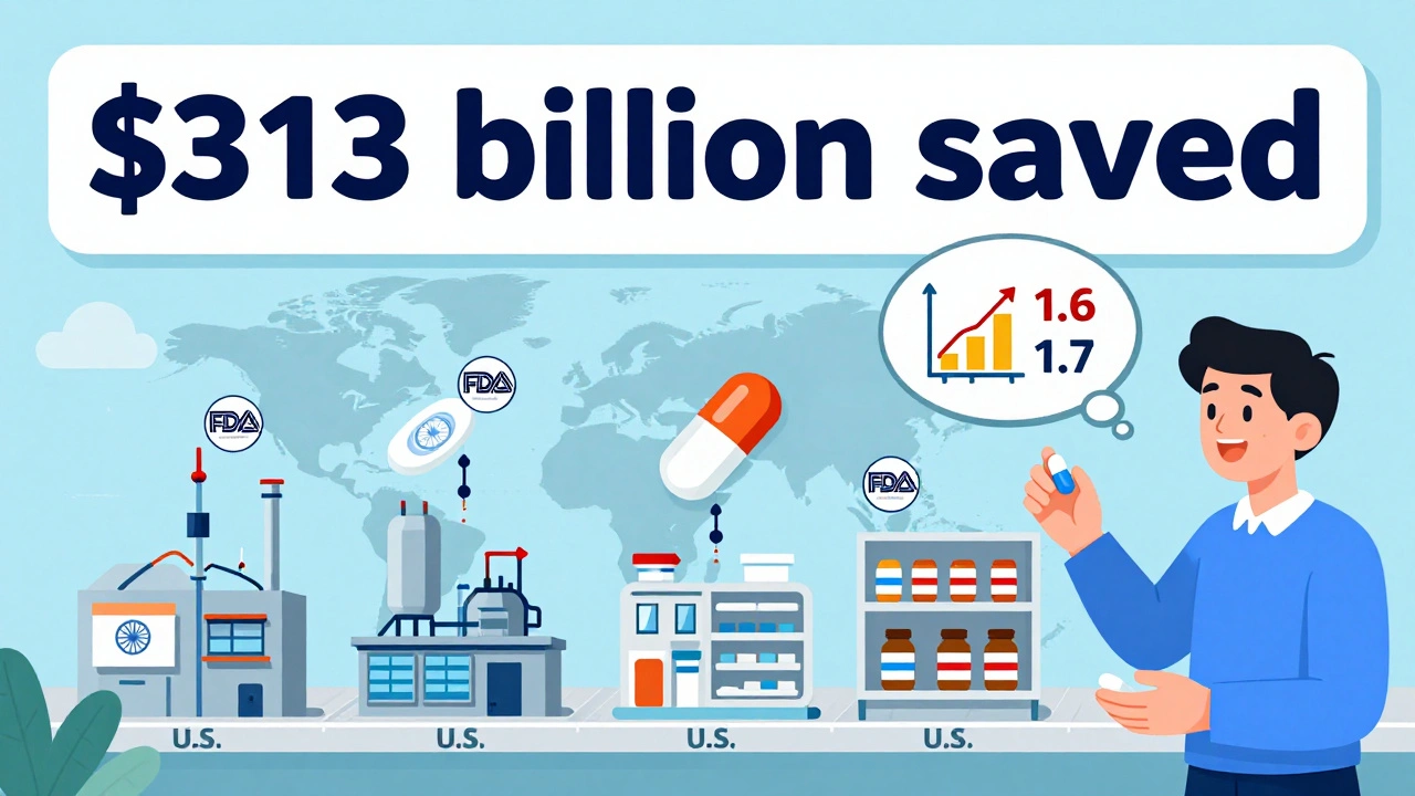 Generic pills traveling from global factories to a U.S. pharmacy, with FDA inspection badges and a &#039;3 billion saved&#039; banner in the background.