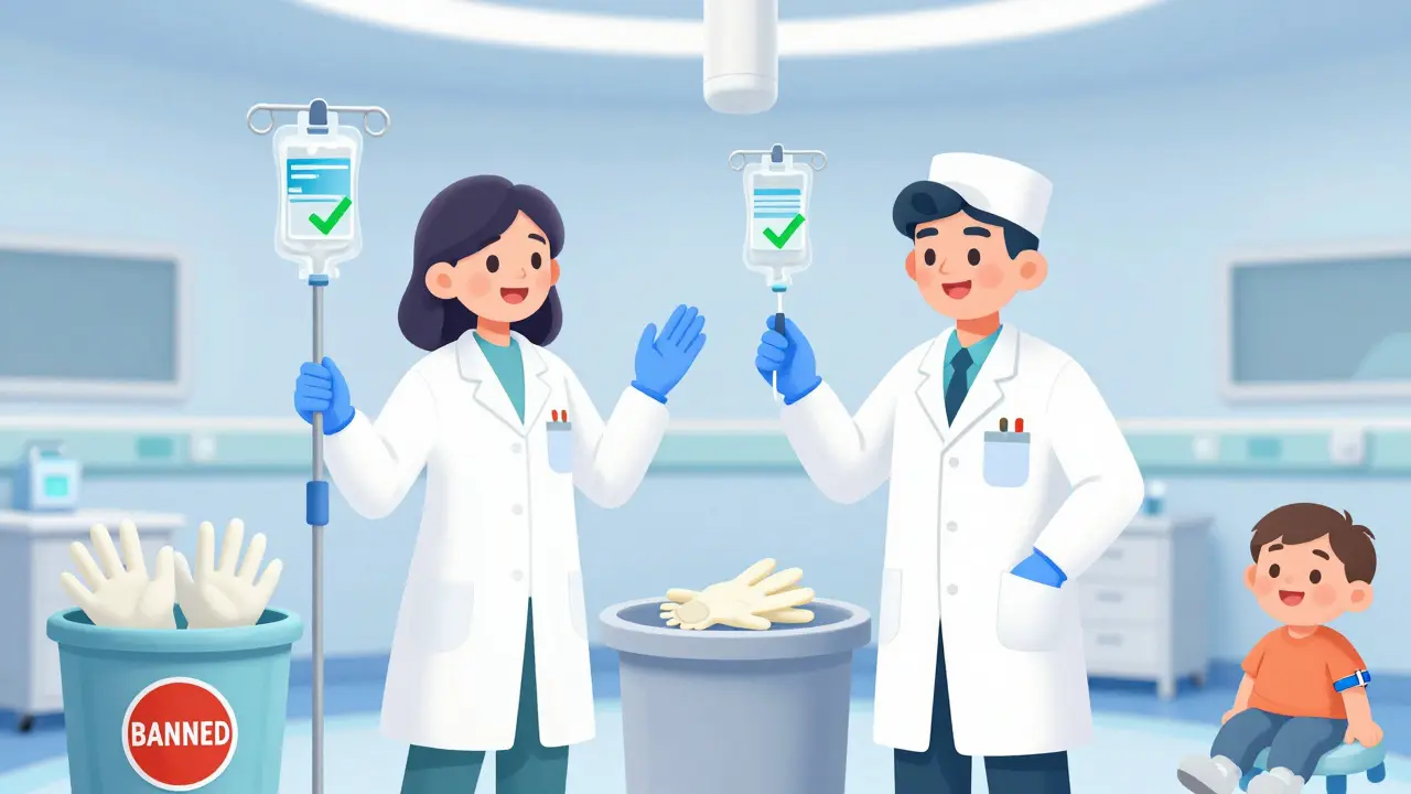 Latex-free operating room with staff using nitrile gloves and labeled safe equipment, discarded latex gloves in trash.