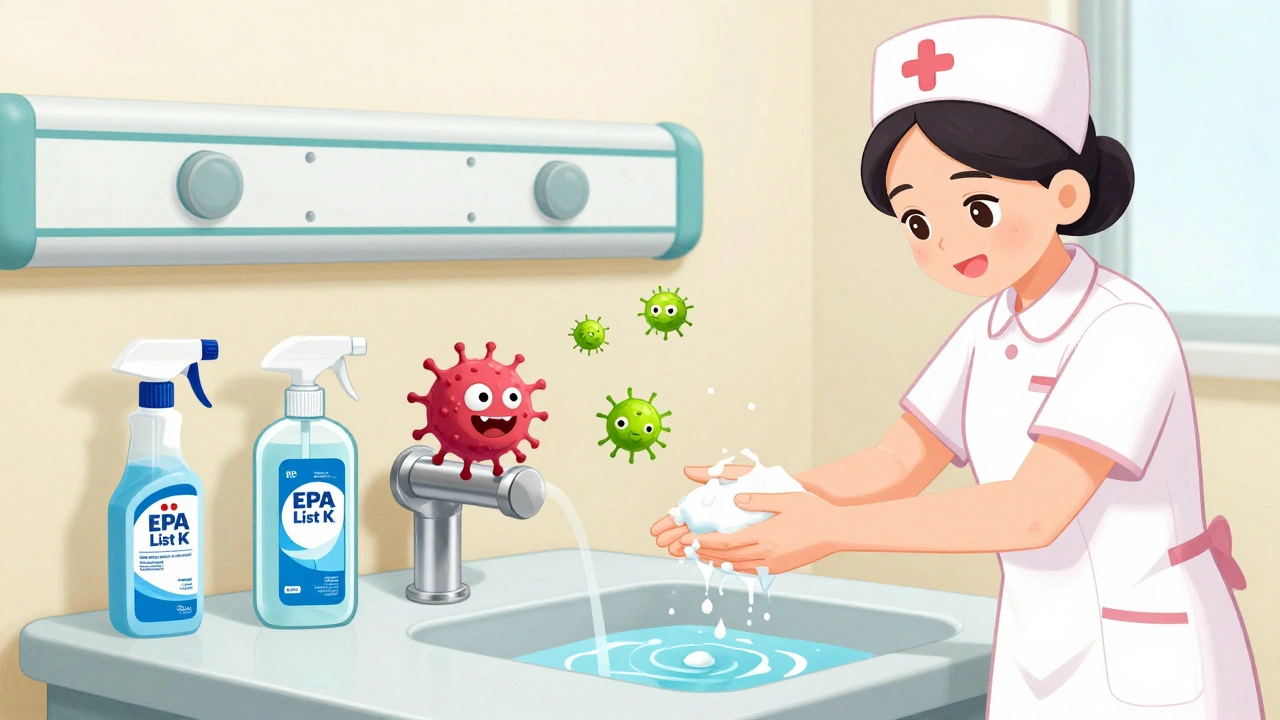 Nurse washing hands with soap as C. diff spore bounces off hand sanitizer onto doorknob.