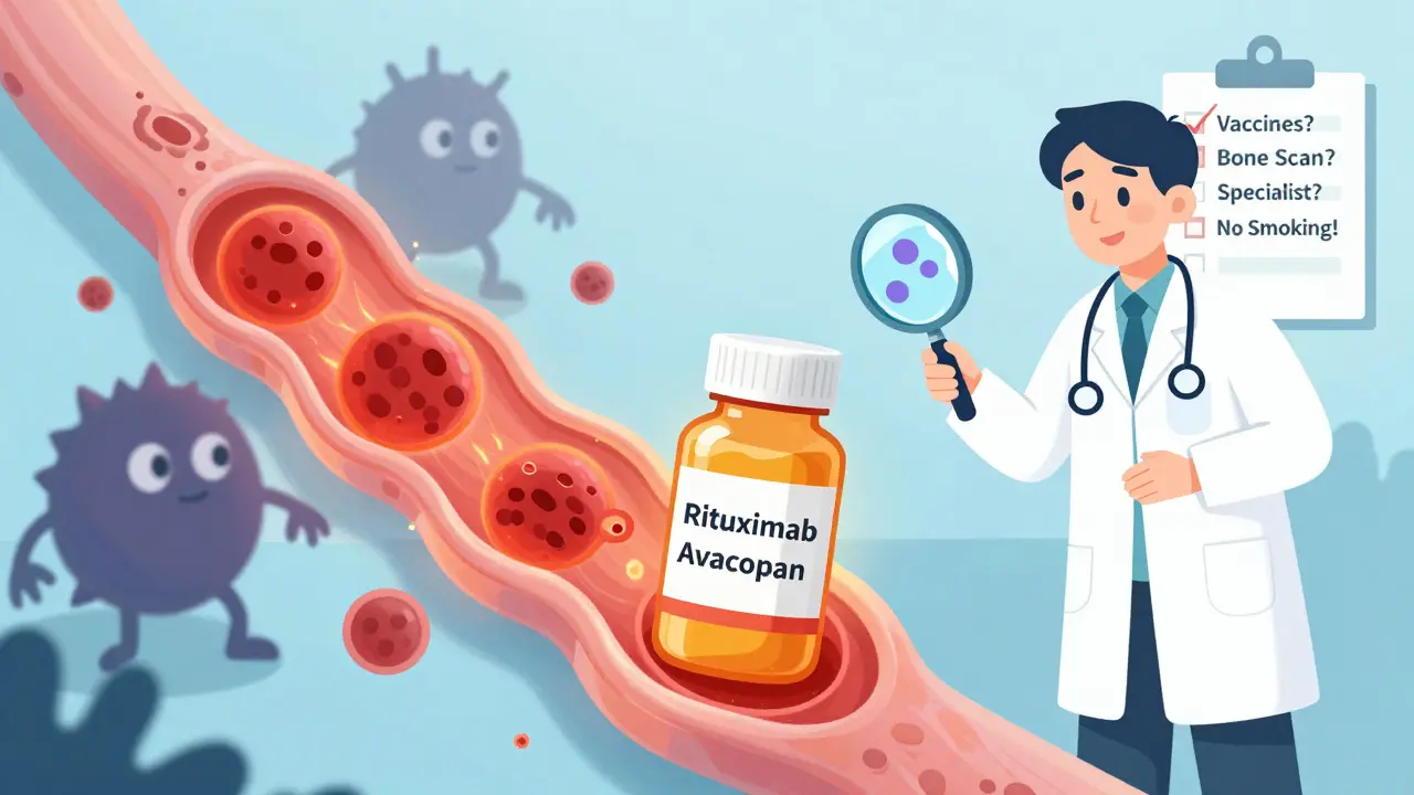 Patient holding treatment bottles as inflamed vessels heal, doctor examines biopsy, checklist shows key care steps.