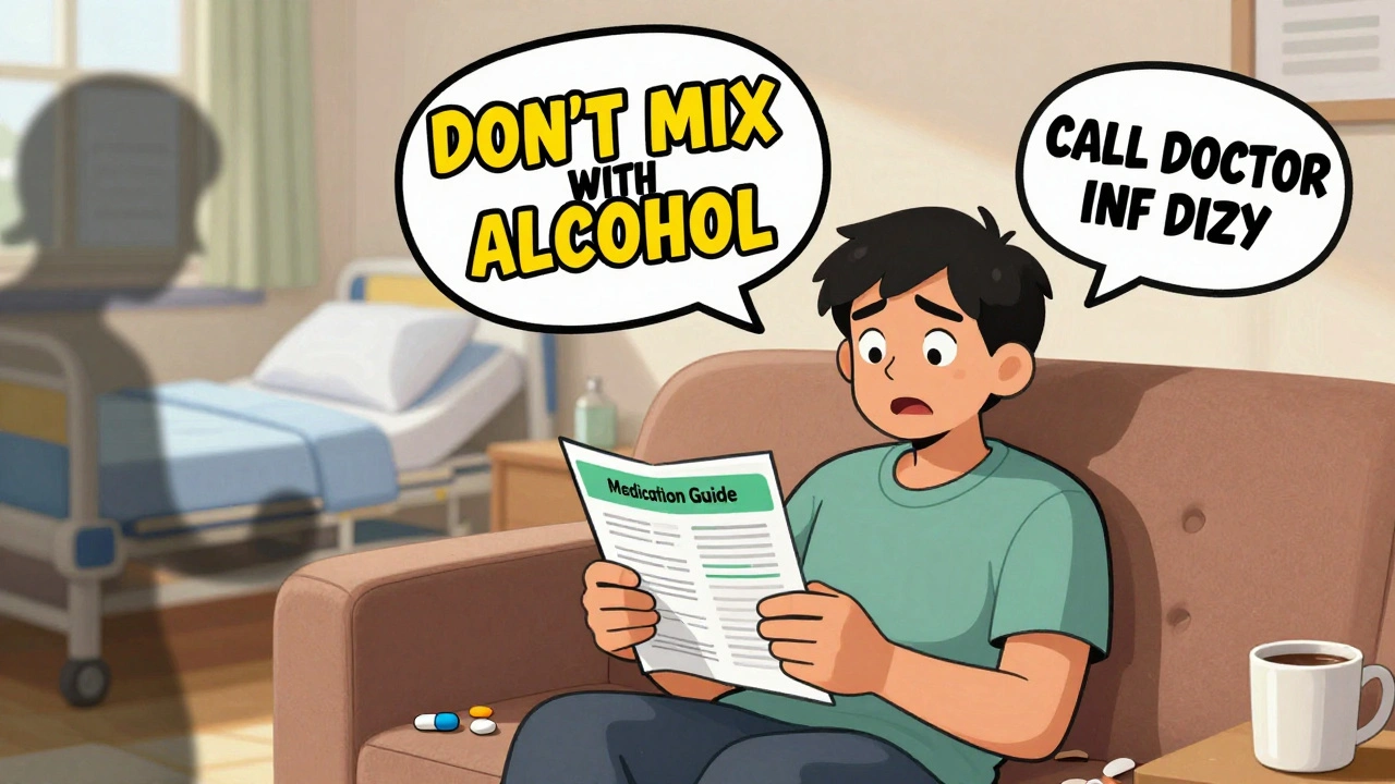 Patient reading a Medication Guide at home with floating safety warnings.