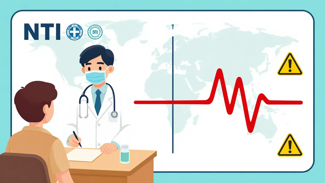Patient receiving generic NTI drug with smooth vs. jagged blood level paths, doctor watching, global regulatory logos in background.