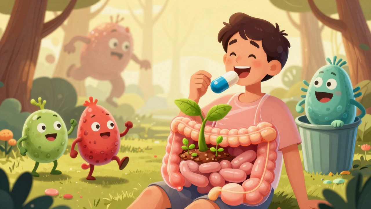 Patient swallowing FMT capsule as friendly probiotics cheer and gut flora regrows.